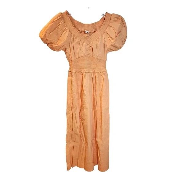 ALC Peach Smocked Puff Sleeve Linen Blend Midi Dress Size 6 - Picture 7 of 8